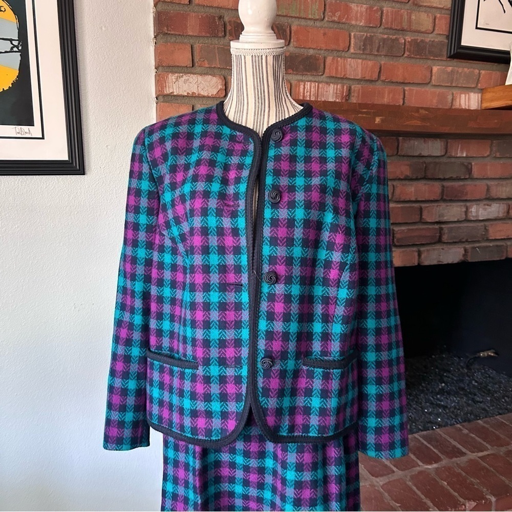 VTG Pendleton 100% Wool Plaid Skirt & Jacket Set Purple & Turquoise Sz 14W/16 - Picture 2 of 13
